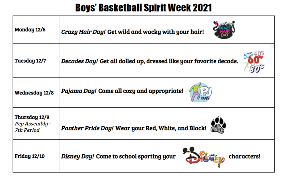 Spirit Week Schedule - Boys Bball