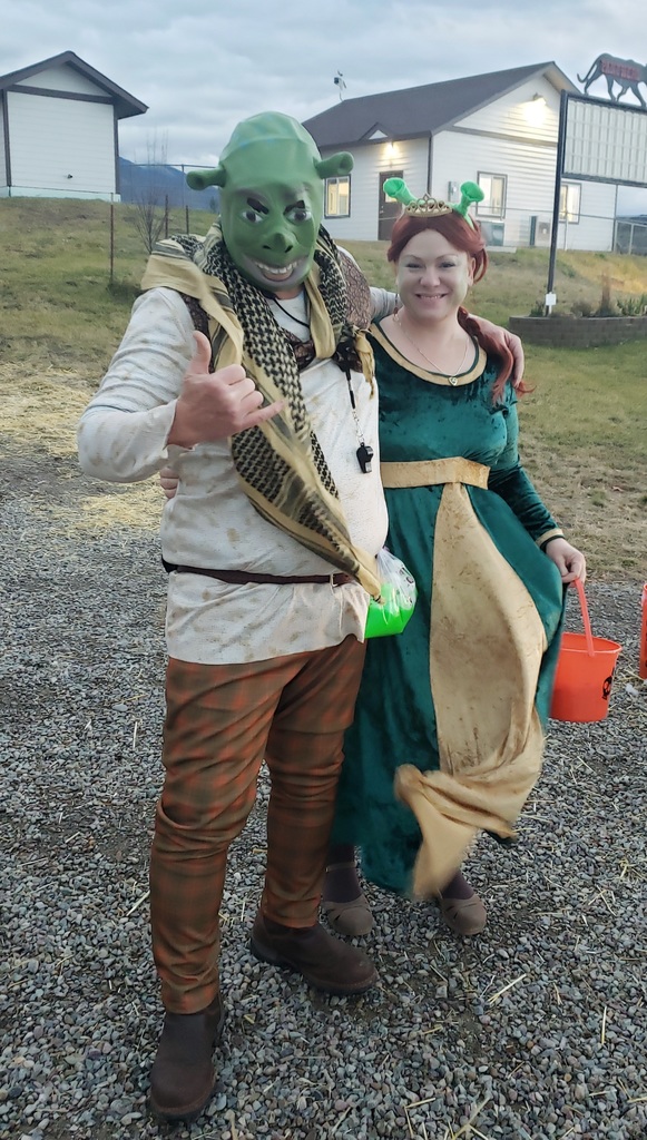 Teachers dressed as Shrek and Fiona