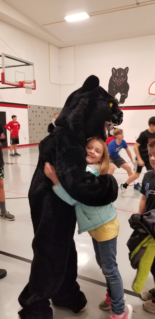 Panther mascot hugs smiling girl