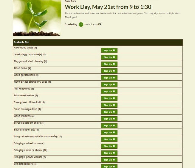 screenshot of work day sign up