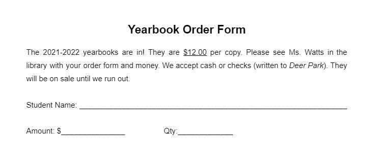 yearbook order form in black and white